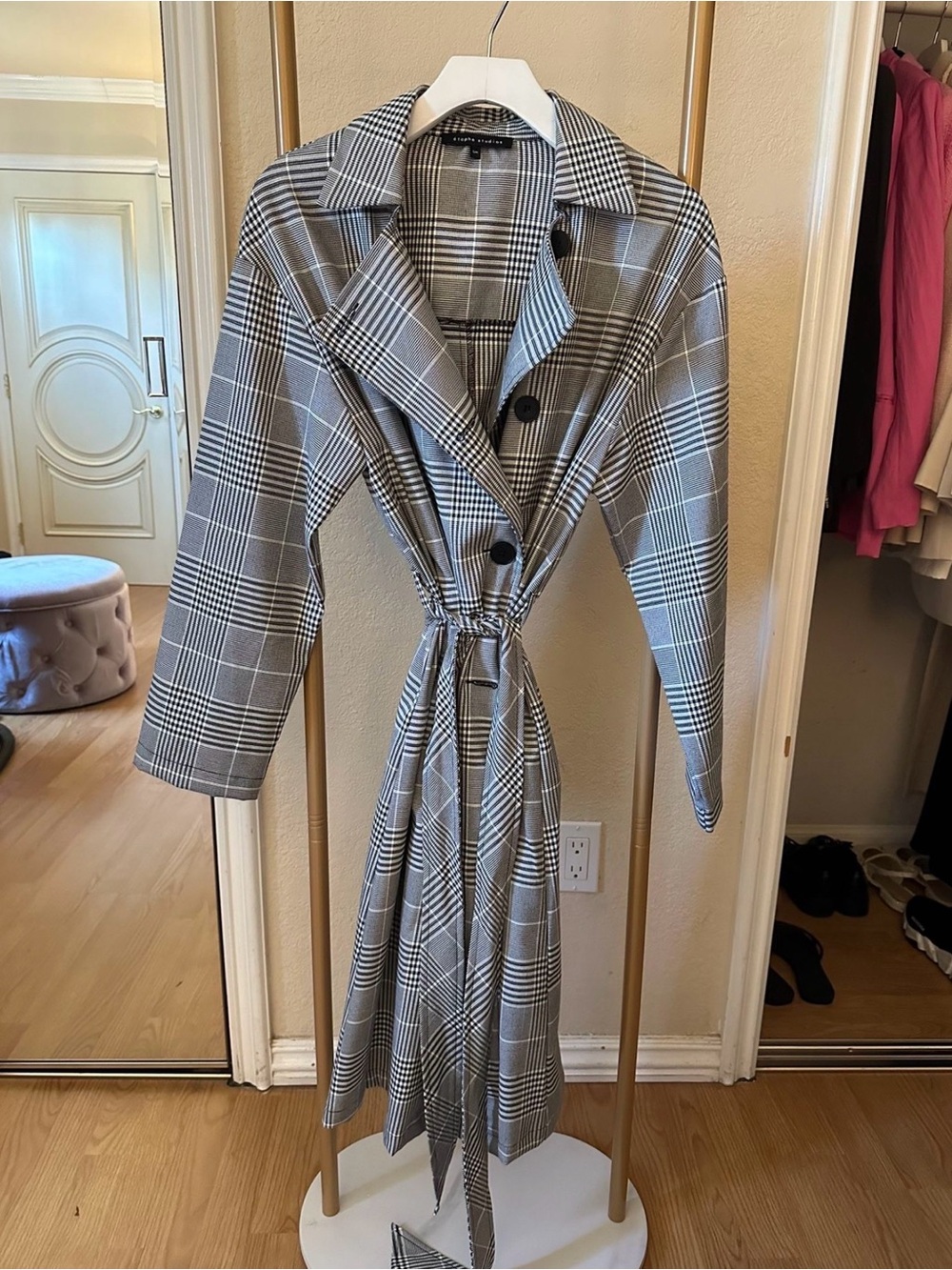 Classic Gray Plaid Belted Trench Robe - Gray